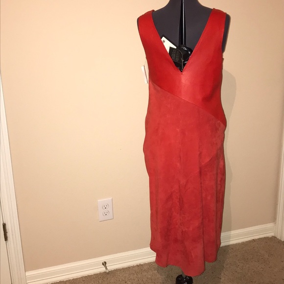 Red leather and suede asymmetric seam midi dress - Picture 2 of 7
